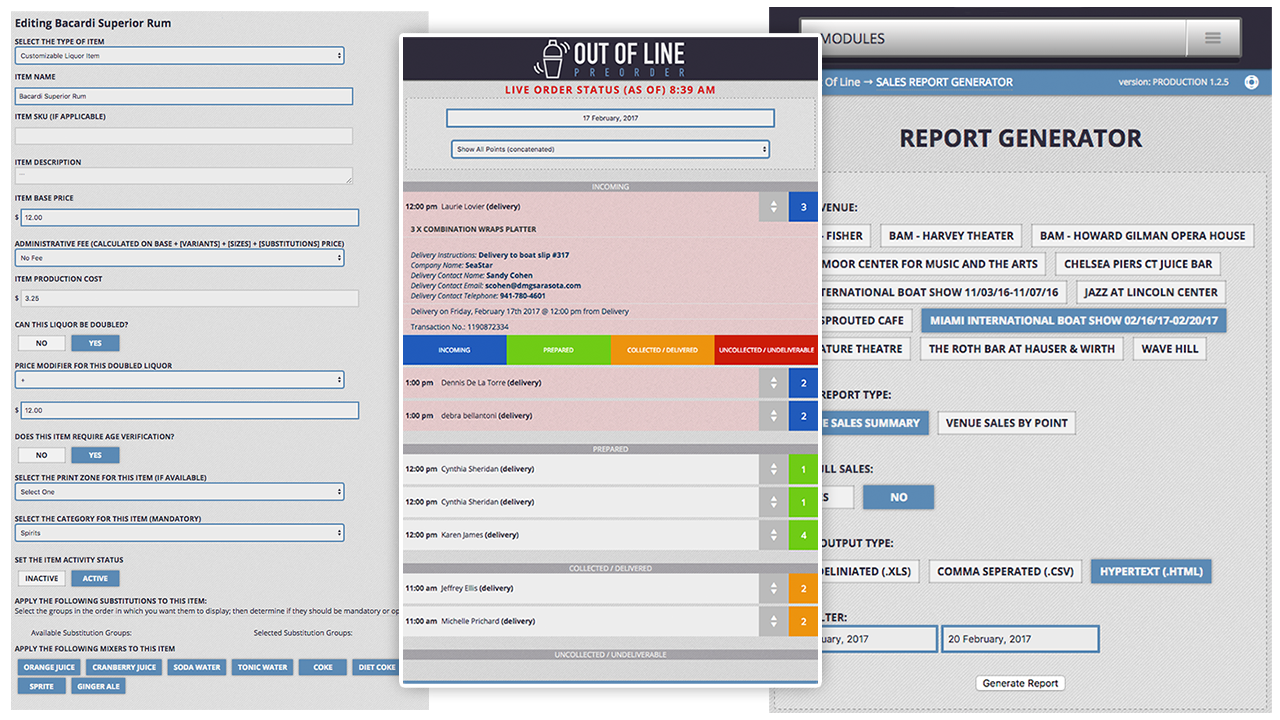 outoflinepreorder.com item editor, live order status, and report generator